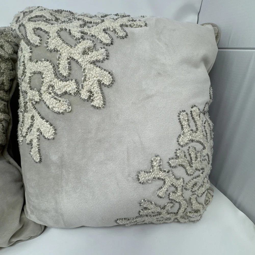 2 Pier 1 Coral Reef Beaded Throw Pillows gray ivory beach coastal nautical ocean